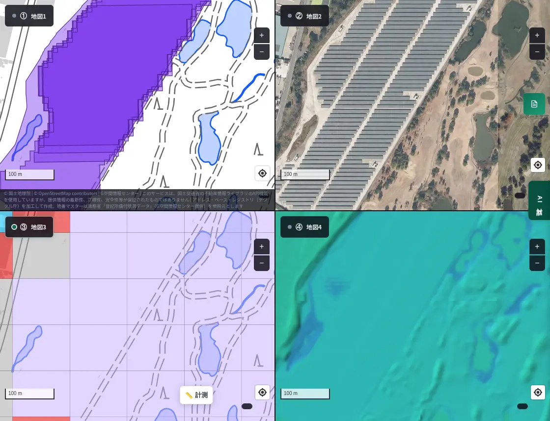 4-panel view of Mitoyo, Kagawa. Top left: AI-detected panel areas; top right: aerial photo of panels next to remaining greens, bunkers and a pond; bottom left: 2006 land use mesh in the golf course color; bottom right: color elevation map showing flat terrain