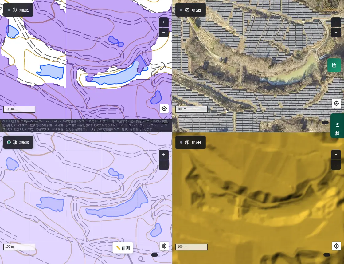 4-panel view of Ono, Fukushima. Top left: AI-detected panel areas; top right: aerial photo of panels covering both sides of a narrow pond in a valley; bottom left: 2006 land use mesh with the whole area in the golf course color; bottom right: color elevation map