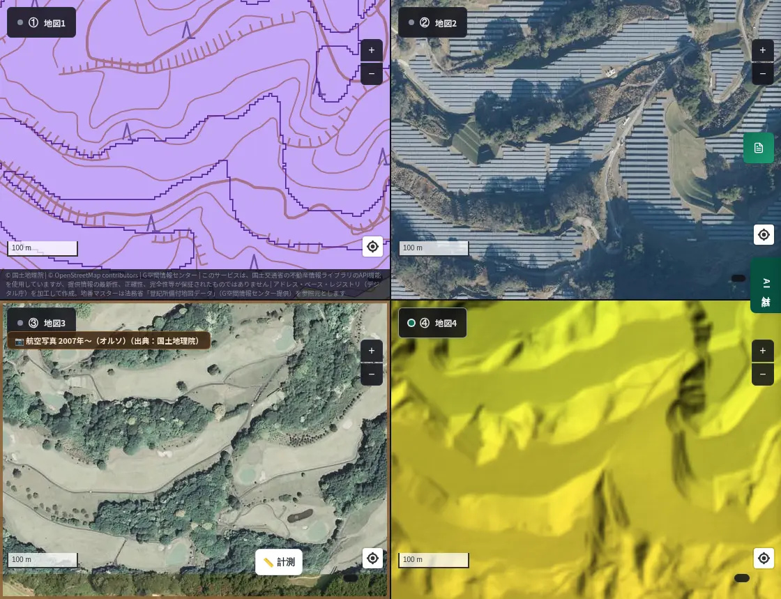 4-panel view of Shimoda, Shizuoka. Top left: AI-detected panel areas; top right: aerial photo of panels in bands on a slope; bottom left: 2007 aerial photo showing fairways and trees of a golf course; bottom right: color elevation map showing terraced slopes