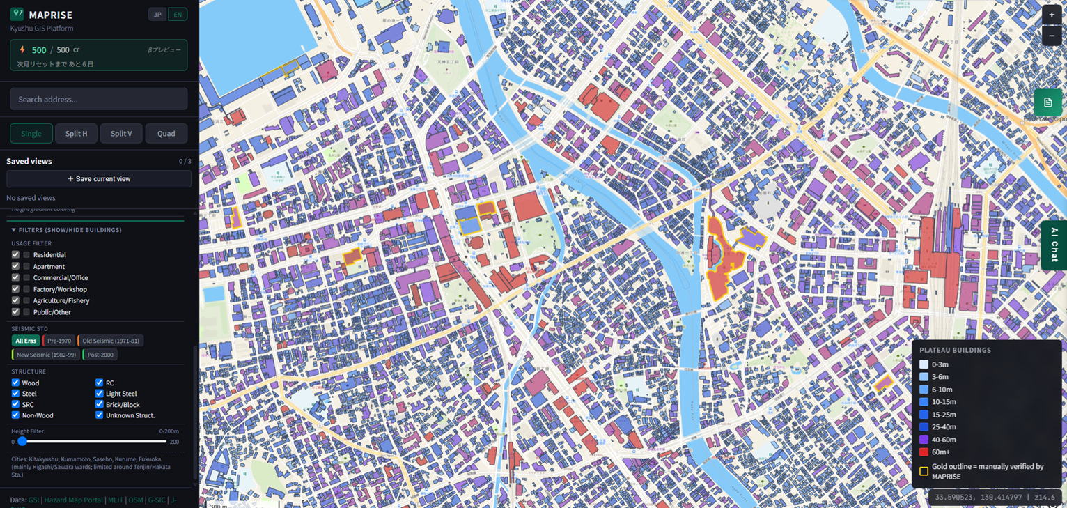 MAPRISE's English interface with the PLATEAU layer in Height colour mode: buildings coloured by height, from pale blue at 0–3m through darker blues and purple up to red at 60m-plus. Tall red buildings cluster tightly around the Tenjin Big Bang footprint, outlined in gold, while most surrounding blocks stay in the lower blue and purple bands