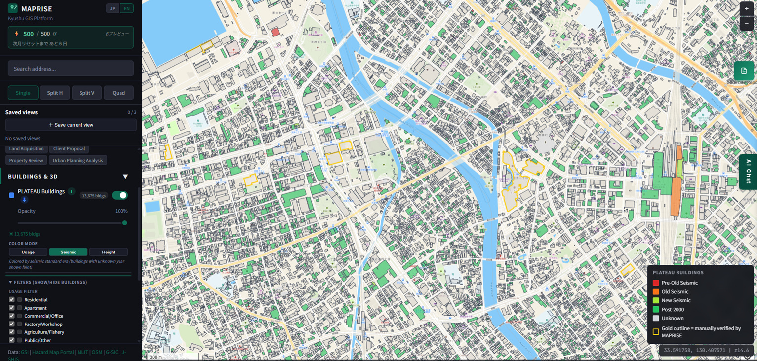 MAPRISE's English interface with the PLATEAU layer in Seismic colour mode: buildings coloured by seismic design era, red for pre-1970, orange for the 1971–81 old standard, yellow-green for the 1982–99 new standard, and green for the 2000-and-later standard. The footprint of the Tenjin Big Bang redevelopment area — outlined in gold — is almost solid green, while surrounding blocks show a visible mix of red and orange