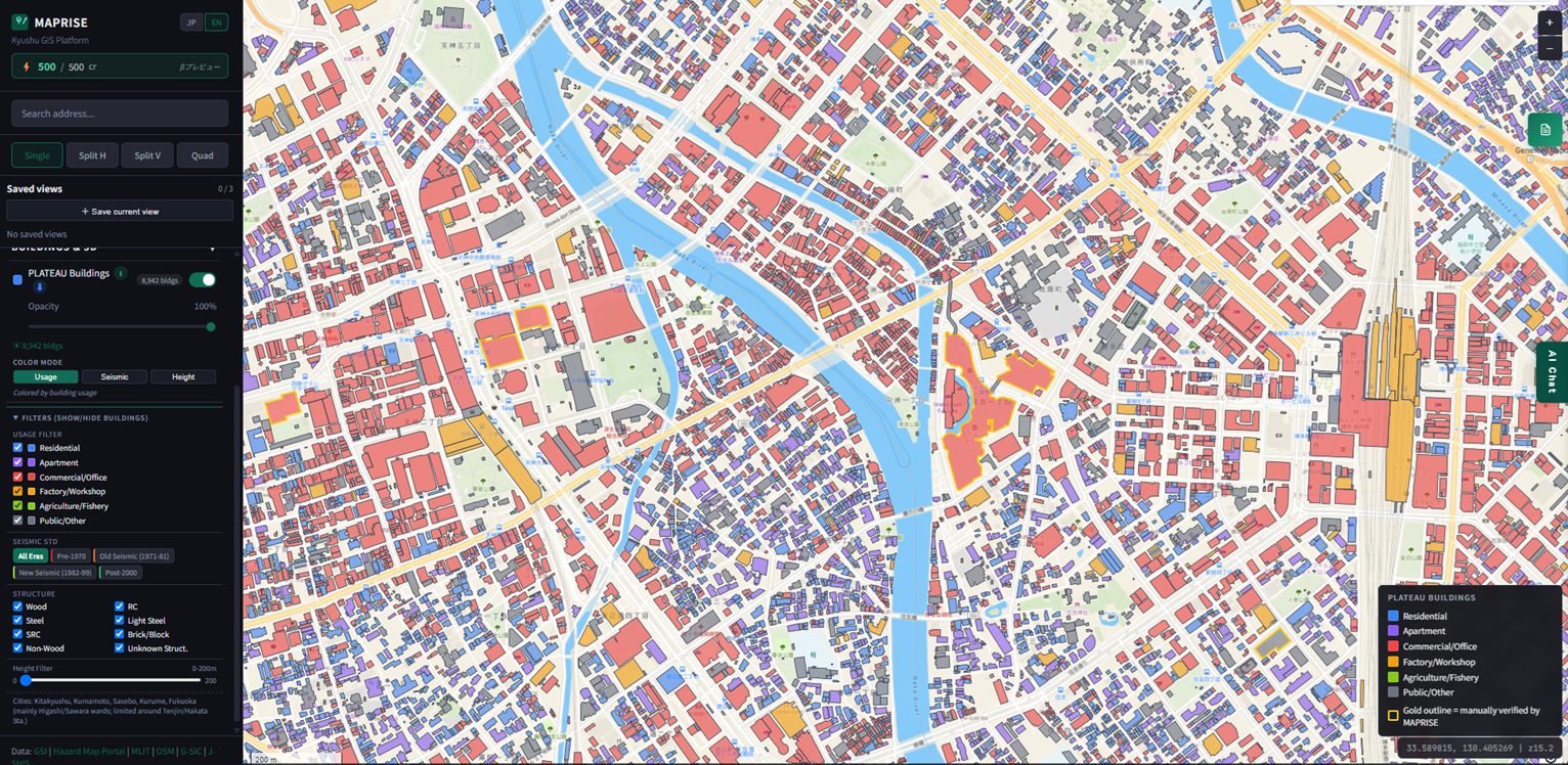 3D building footprints around Tenjin and Hakata, color-coded by usage: blue for residential, purple for apartments, red for commercial/office, orange for factory or workshop, green for agriculture, gray for public or other. A dense cluster of red commercial/office buildings sits directly over the Tenjin and Watanabe-dori corridor. Buildings with a gold outline indicate usage MAPRISE has individually verified against source data