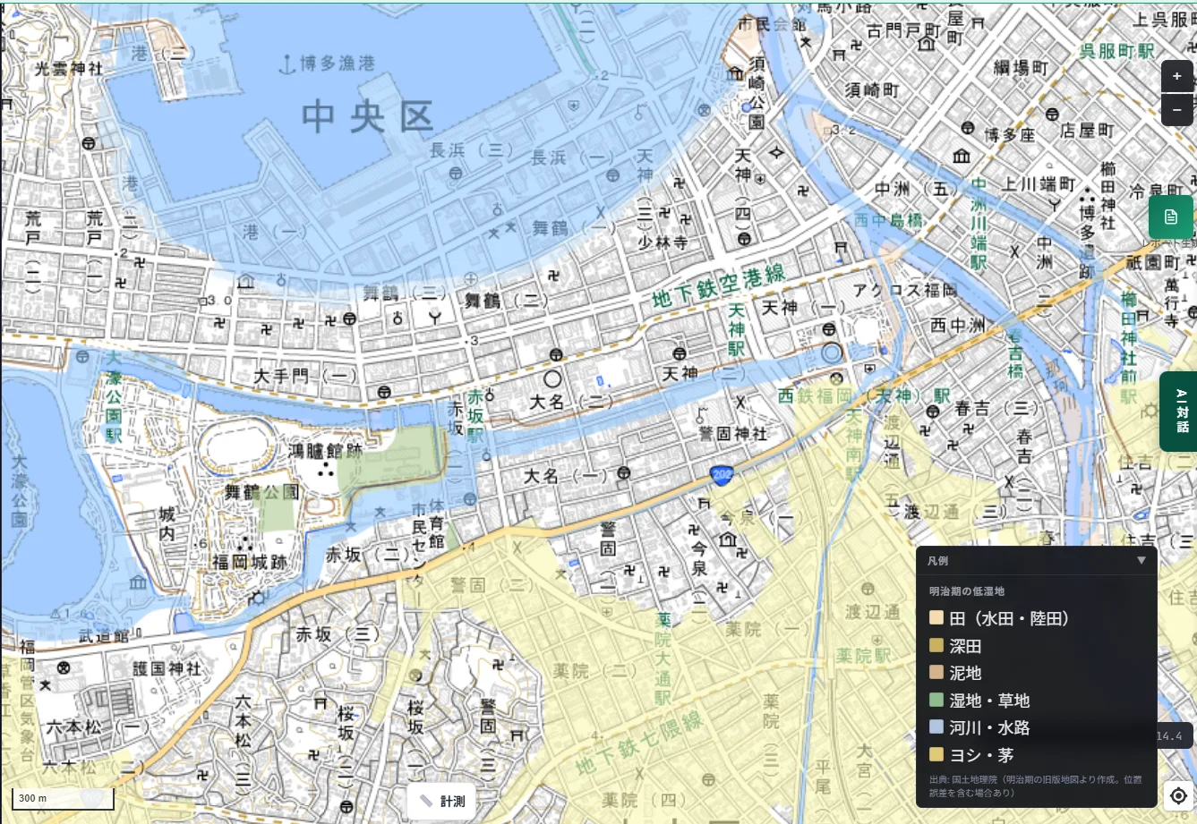A map of central Fukuoka in MAPRISE with the "Meiji-era wetlands" layer. A light-blue band (rivers and waterways) runs east from the moats around Fukuoka Castle, across the Tenjin district, and appears to connect with the river to the east
