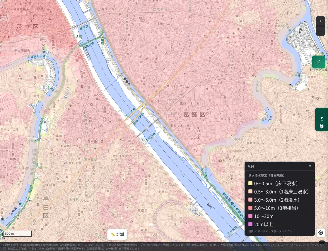 The flood inundation forecast (planned scale) near Katsushika and Adachi wards. As at the maximum scale, forecast color spreads across a wide part of the urban area on both sides of the Arakawa
