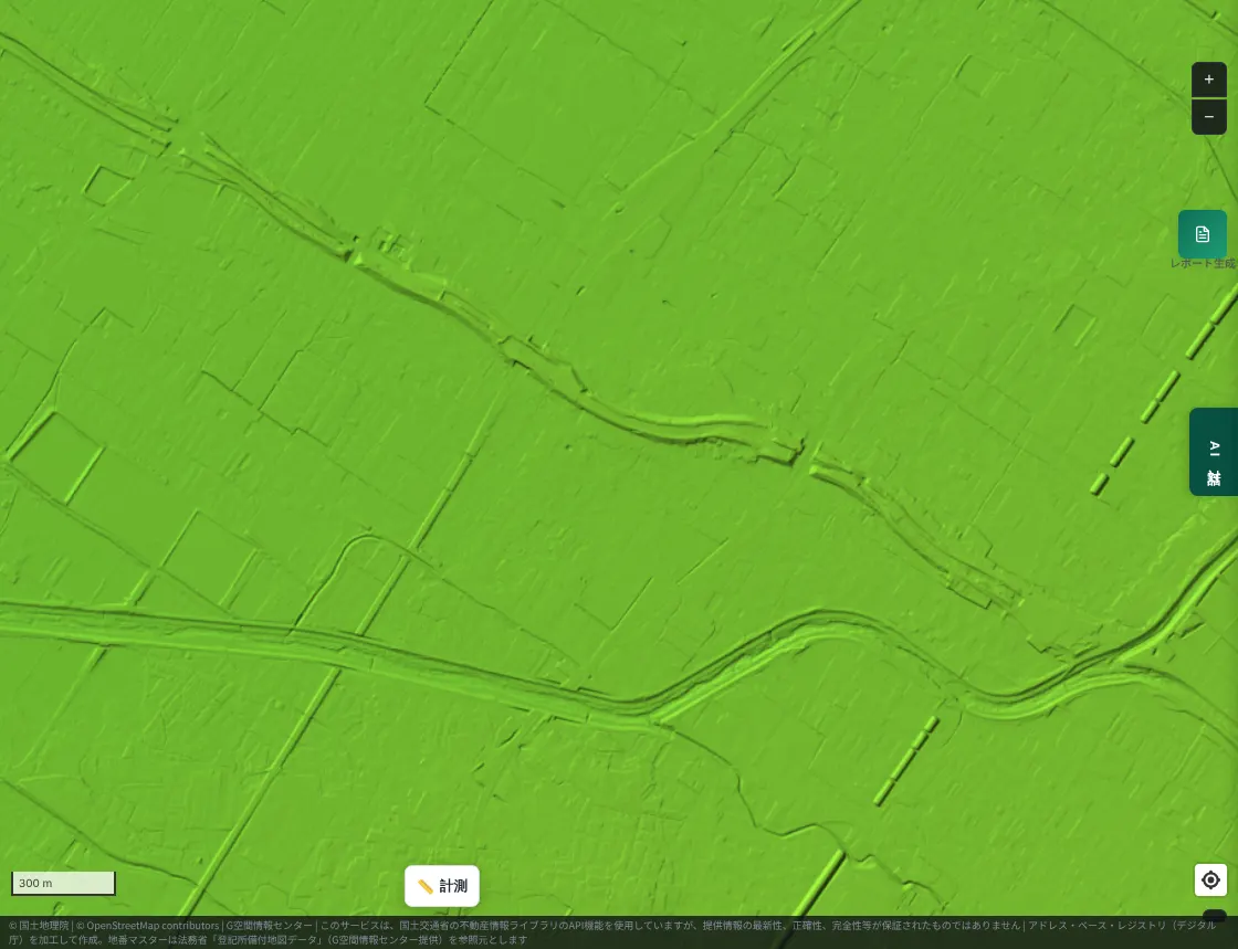 A color-coded elevation map near Kusatsu City. Within almost uniformly yellow-green flat land, the remains of the former Kusatsu River extend from northwest to southeast as a thin line