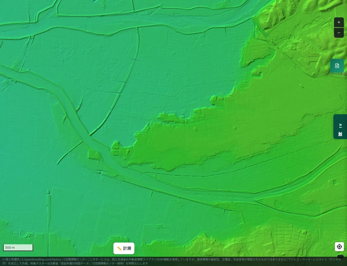 A color-coded elevation map near Moriyama Ward, Nagoya. The Shonai River flows from east to west, and the Yada River runs alongside to its south. The flat lowland along the rivers is blue-green, while the plateau to the east is yellow-green and slightly higher