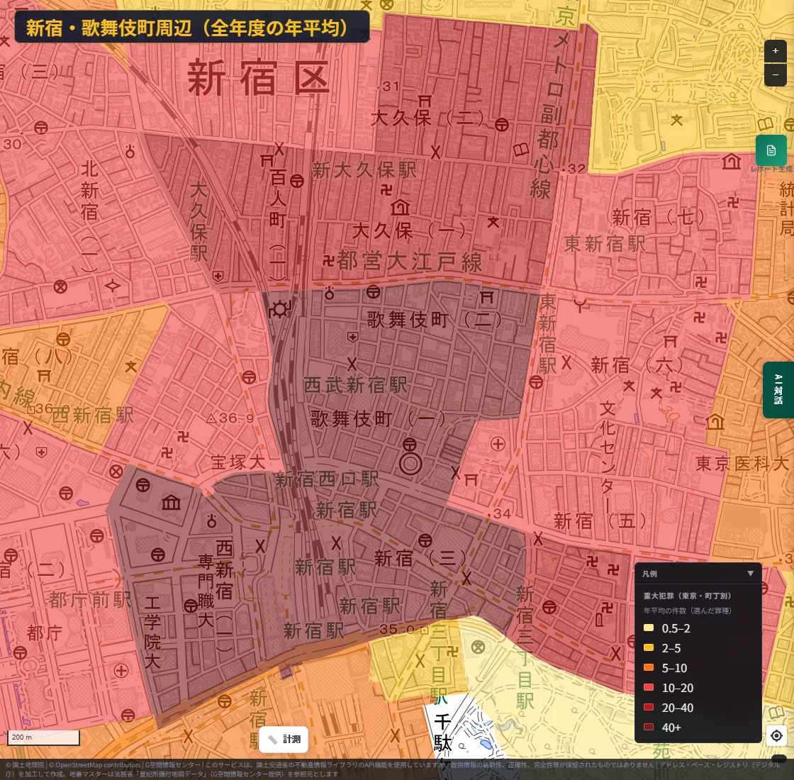 A close-up around Shinjuku and Kabukicho. Kabukicho 1- and 2-chome, Shinjuku 3-chome and part of Nishi-Shinjuku are in the darkest red, fading to pink and orange around them
