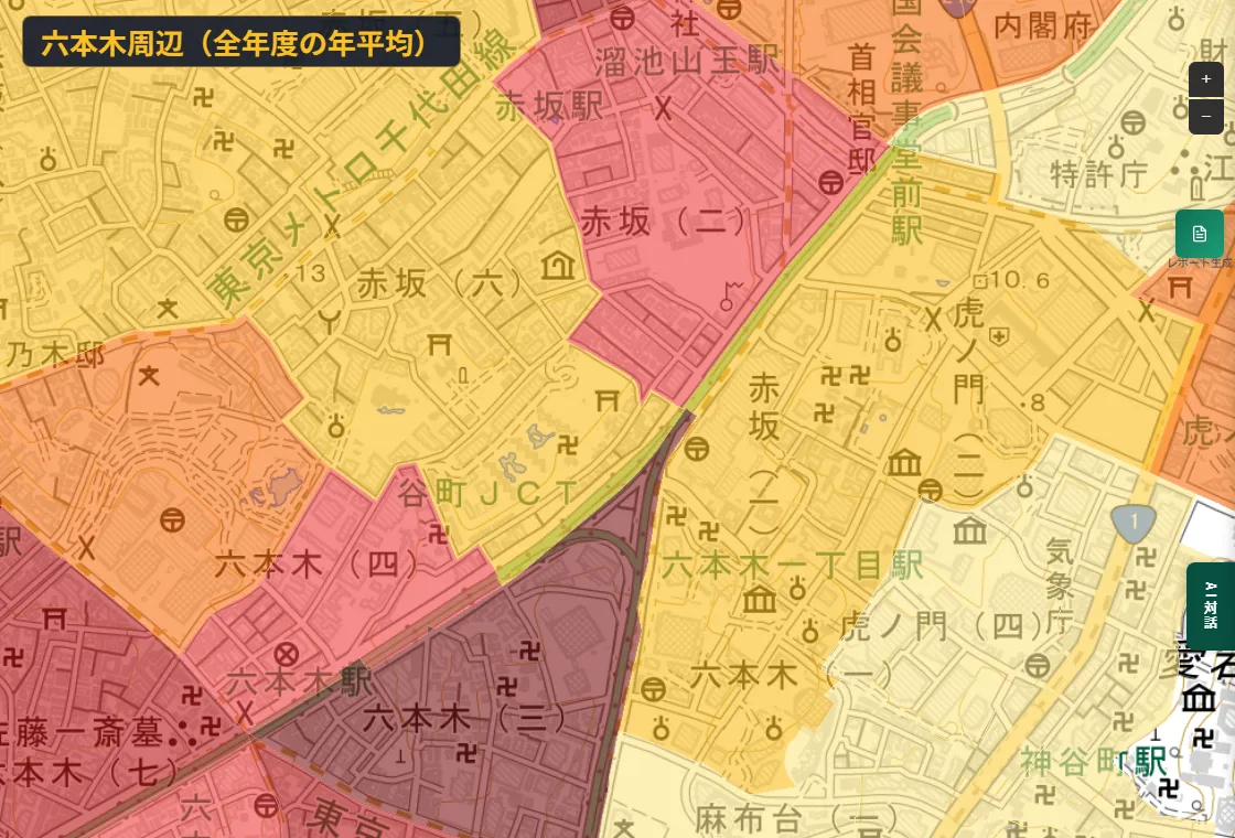 A close-up around Roppongi. Roppongi 3-chome is the darkest, and surrounding towns fade through red, orange and yellow