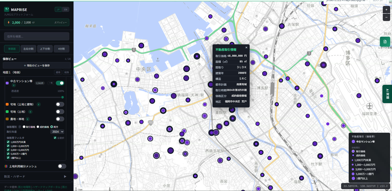 Map of central Fukuoka City showing a mix of purple ring-shaped and filled-dot icons, with a popup showing "Price category: Contract price information"