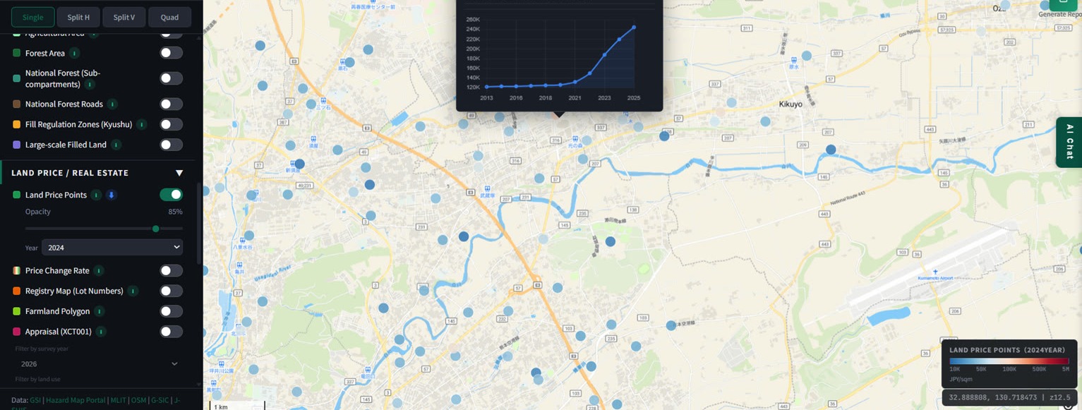 Single-panel map view around Kikuyo Town. "Kikuyo" and "Kumamoto Airport" labels are visible on the right side of the map, with a river crossing the middle. The same Kikuyo Hikarinomori popup is shown open