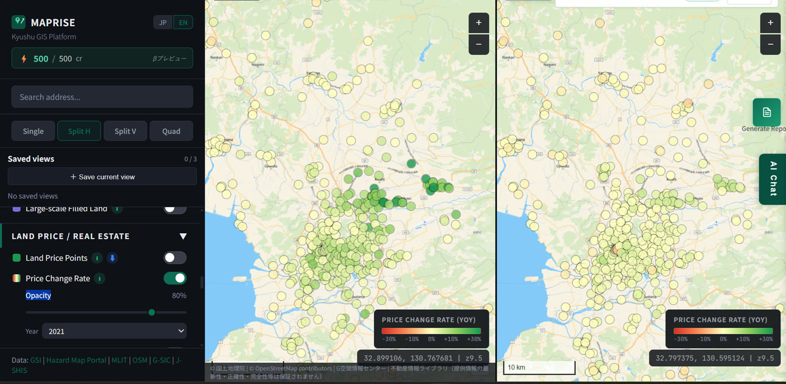 Split-screen view. Both panels show official land-price survey points color-coded by year-over-year price change rate, covering Kikuyo Town, Kumamoto Prefecture and its surroundings. A legend in the bottom right shows darker green indicating a higher rate of increase. The left panel clearly shows a denser cluster of dark-green points