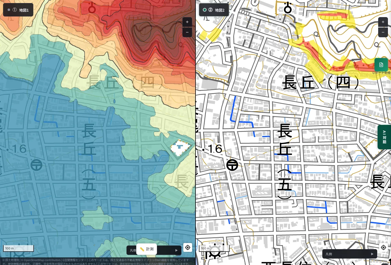 MAPRISE split view of the Nagaoka area in Minami Ward, Fukuoka. On the left, a red hill rises northeast of the flat blue urban area. On the right, bands of yellow and red follow the edge of the hill
