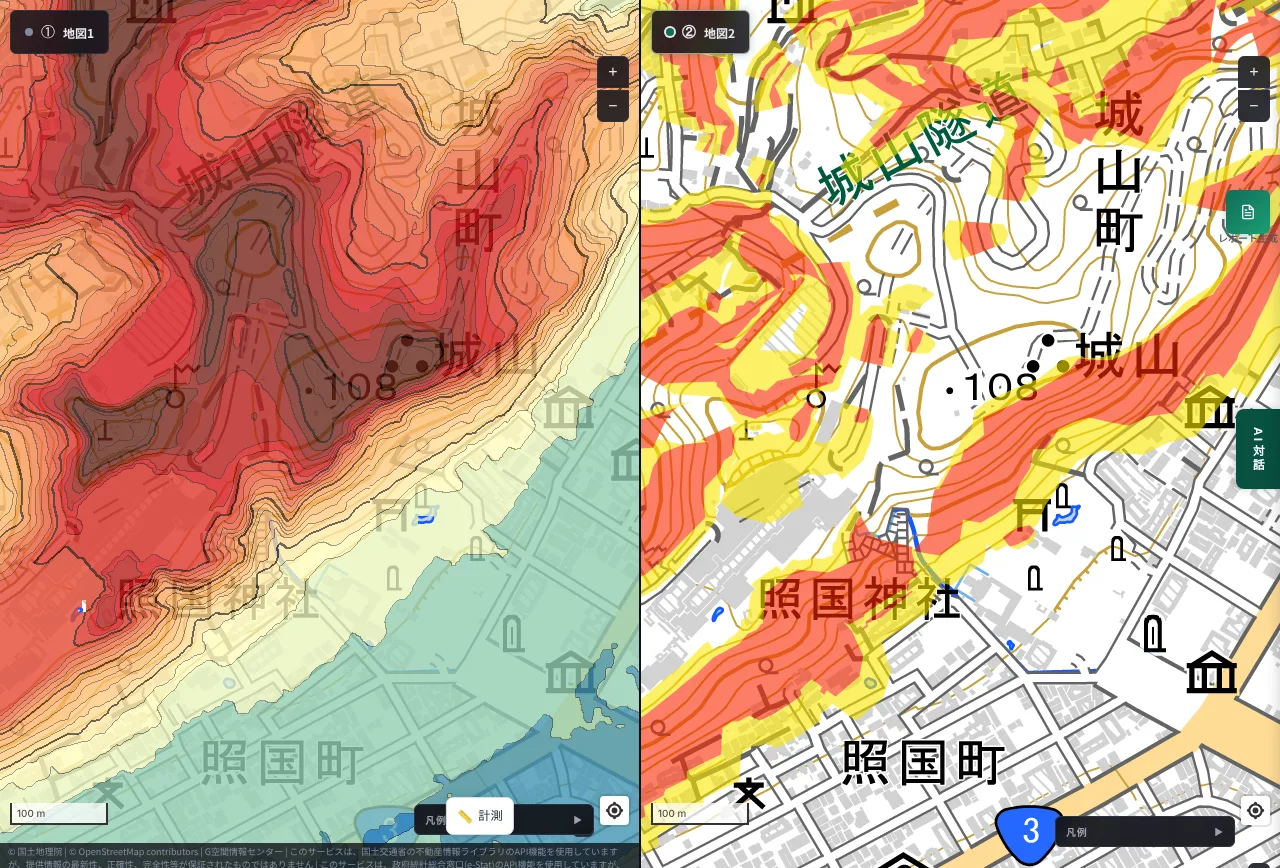 MAPRISE split view of the Shiroyama area in Kagoshima. On the left, the hill of Shiroyama spreads in deep red. On the right, bands of yellow and red follow the edge of the hill