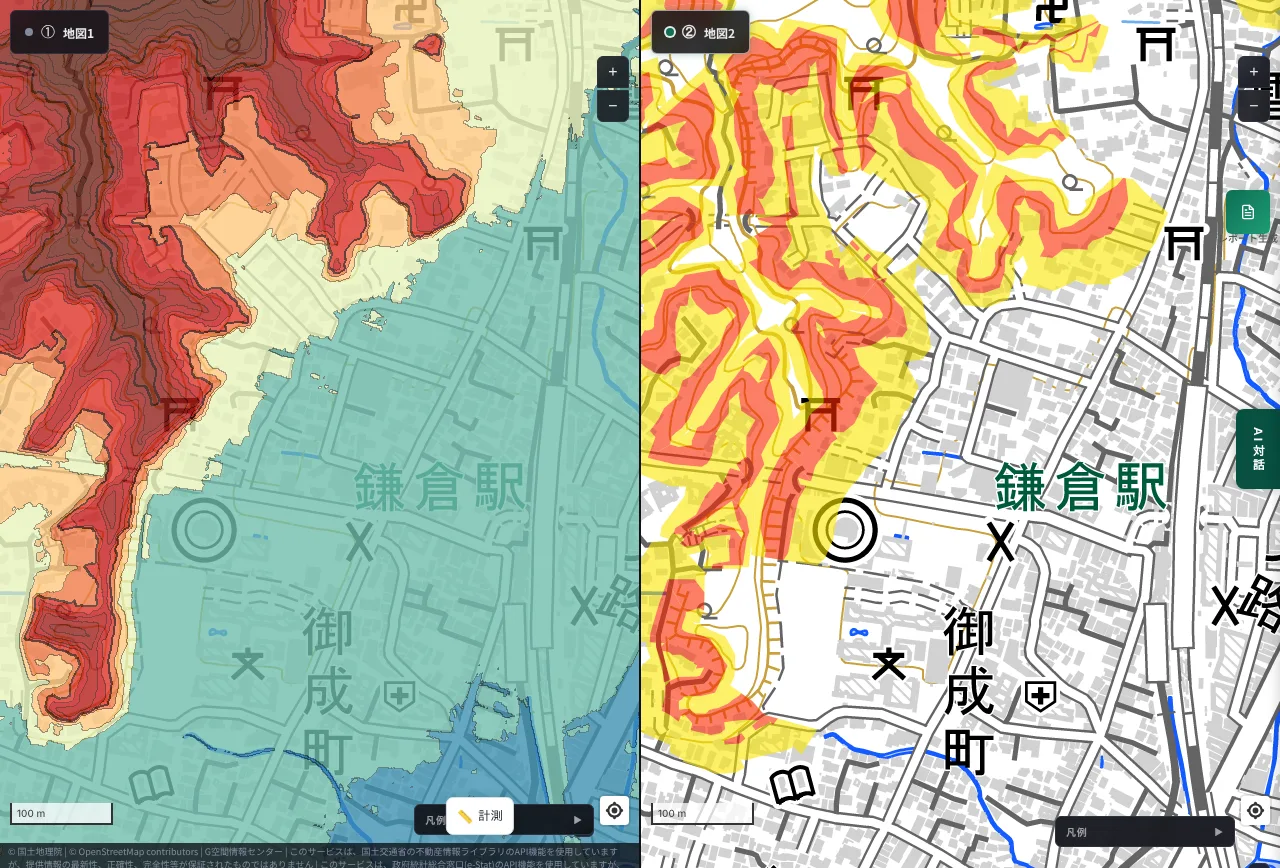 MAPRISE split view of the area west of Kamakura Station, Kanagawa. On the left, a reddish-brown mountain spreads west of the lowland around the station. On the right, yellow and red zones run intricately along the mountain edge and the valleys