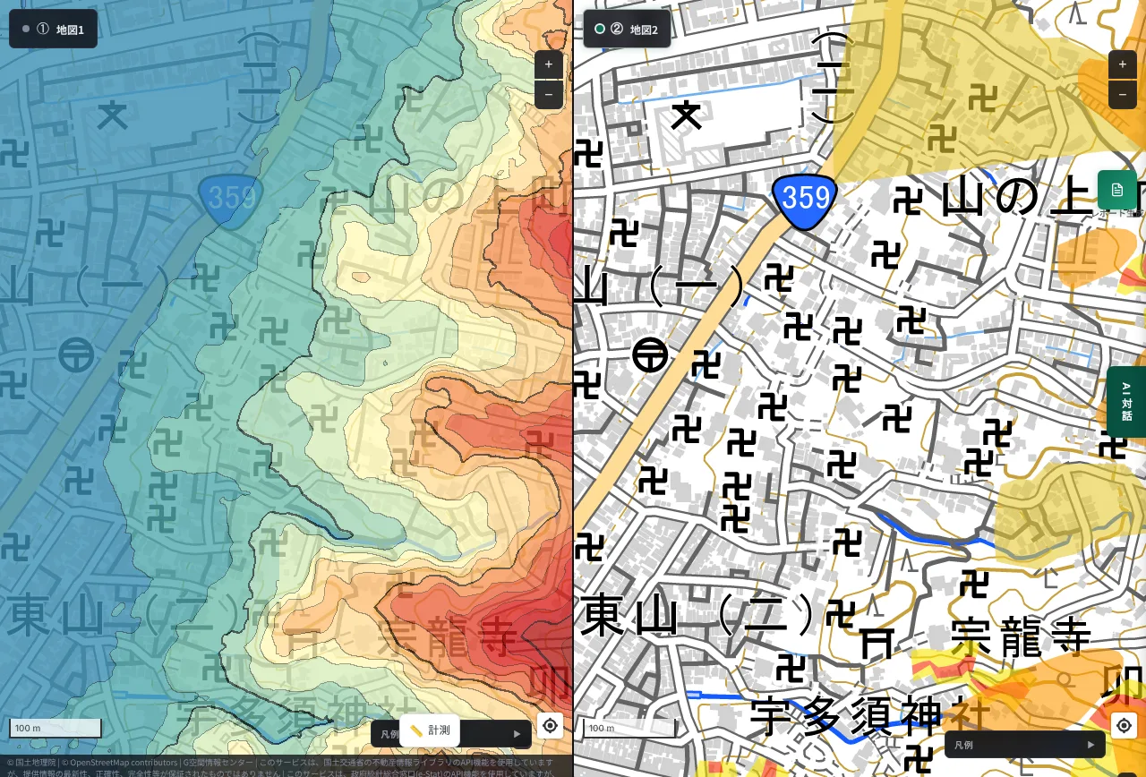 MAPRISE split view of the Higashiyama area in Kanazawa. On the left, the elevation rises in steps from the blue lowland in the west toward Utatsuyama in the east. On the right, large yellow-to-orange zones and red zones spread across the east side of the view