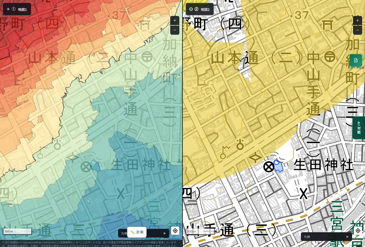 MAPRISE 2-split view near Kitano in Chuo Ward, Kobe. On the left the Rokko side is red and the city blue; on the right a large yellow fan, a debris-flow warning area, spreads toward the urban area
