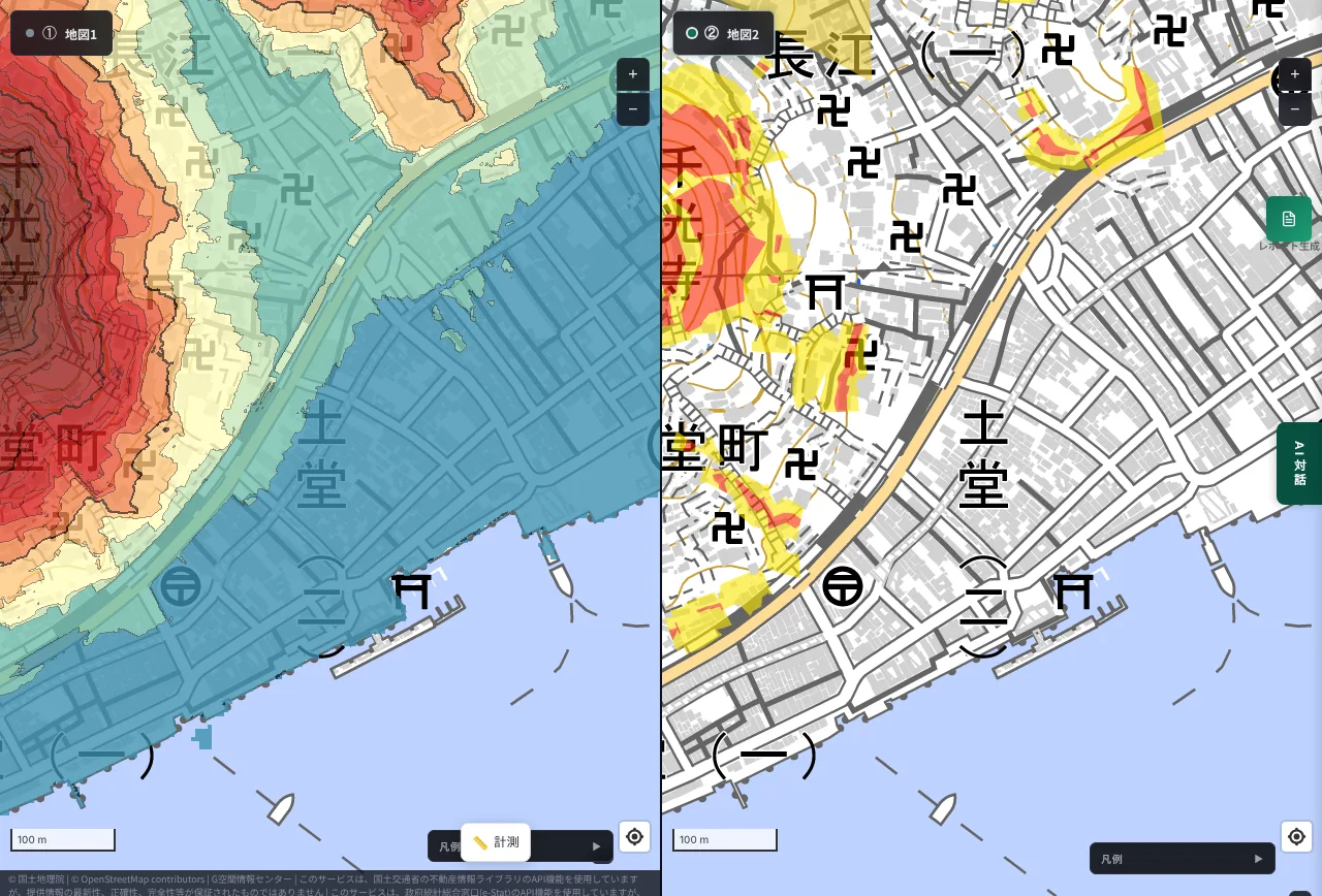 MAPRISE split view of the Senkoji and Doudo-cho area in Onomichi, Hiroshima. On the left, a red mountain rises abruptly north of the seaside lowland. On the right, yellow and red zones are scattered over the slope