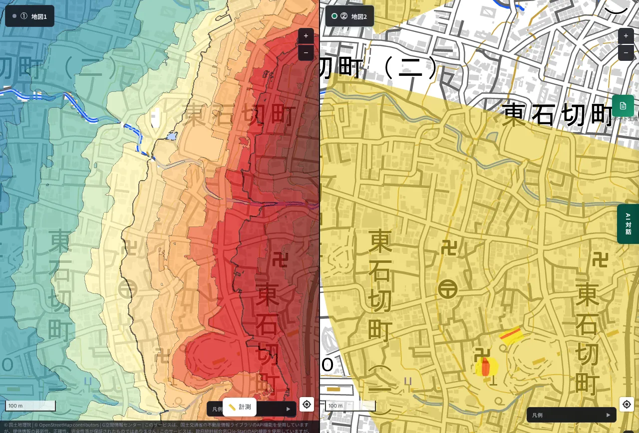 MAPRISE 2-split view near Ishikiri in Higashiosaka, Osaka. On the left, elevation rises from the western lowland to the eastern mountain; on the right, a large yellow fan (debris-flow warning area) and small red areas lie on the mountain slope