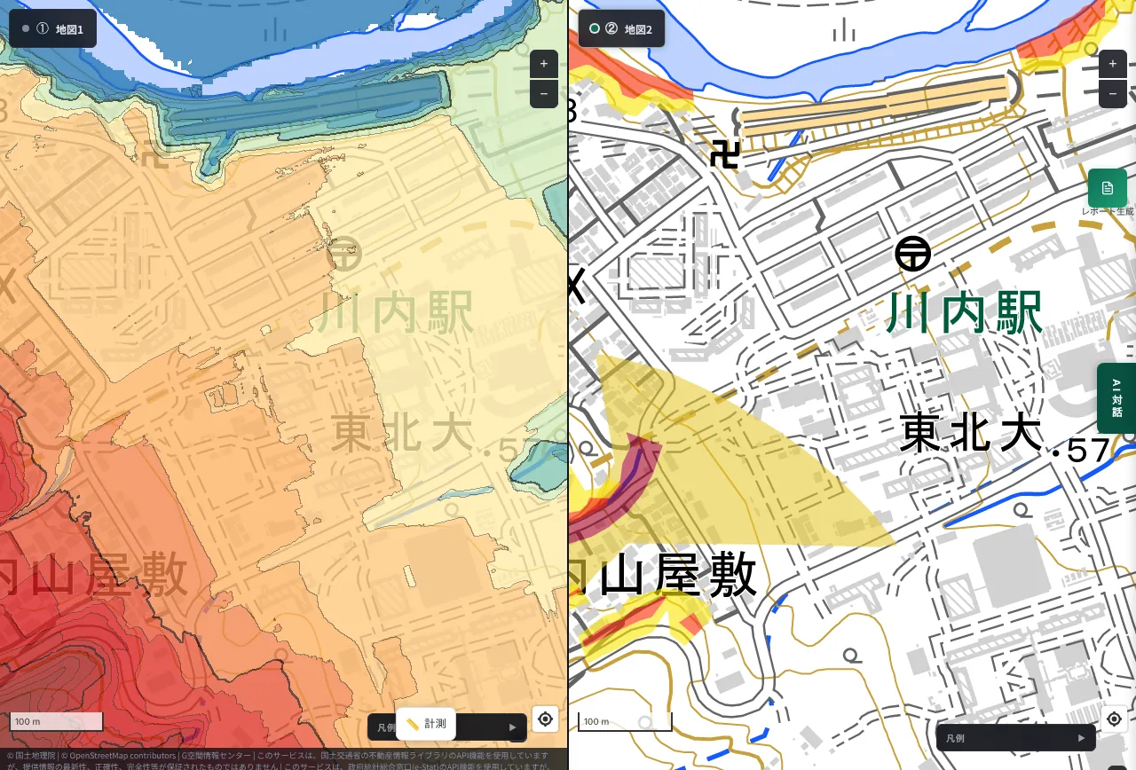 MAPRISE 2-split view near Kawauchi Station in Aoba Ward, Sendai. On the left the flat Kawauchi district rises to the Yamayashiki heights to the southwest; on the right a large yellow fan is overlaid with a red band