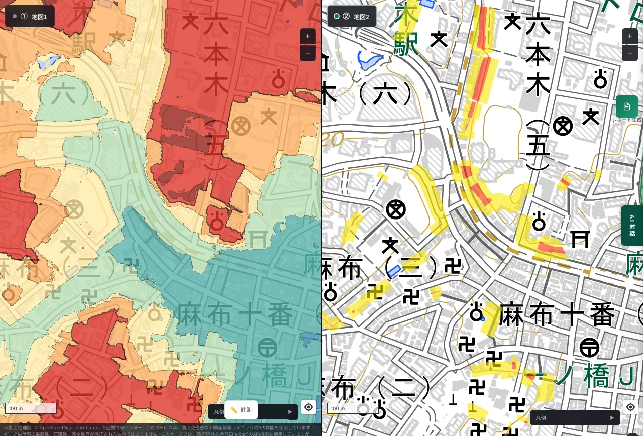 MAPRISE 2-split view of Moto-Azabu to Azabu-Juban in Minato Ward, Tokyo. On the left, the red plateau and blue lowland are separated; on the right, a continuous yellow band follows the boundary between them