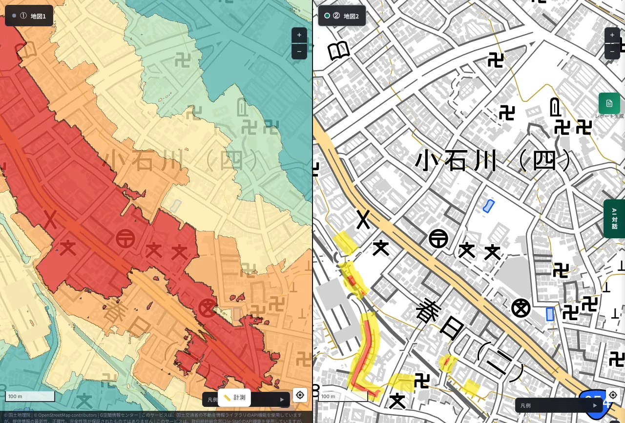 MAPRISE 2-split view of Kohinata to Kasuga in Bunkyo Ward, Tokyo. On the right, yellow areas and a few red special warning areas are scattered along the plateau edge