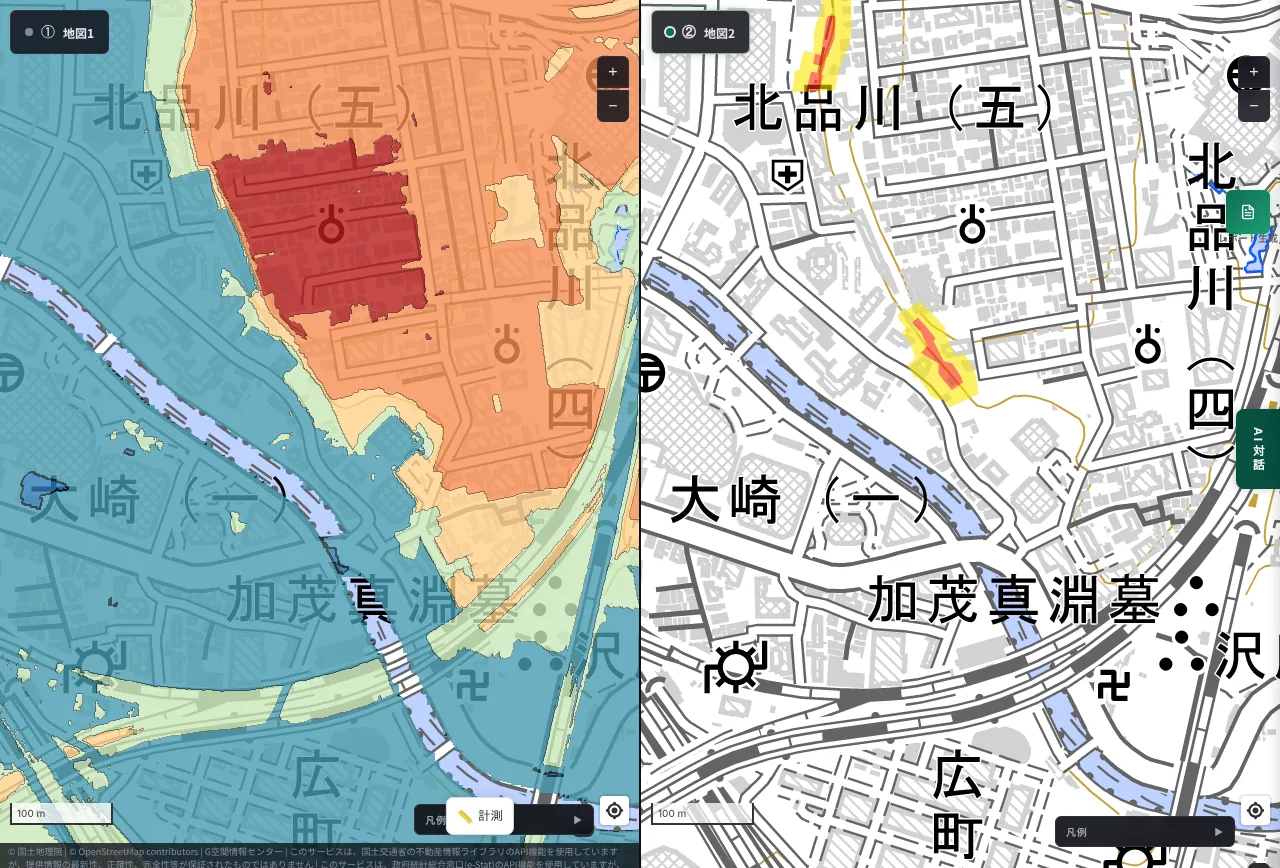 MAPRISE 2-split view around Osaki Station in Shinagawa Ward, Tokyo. On the left a red plateau projects north of the blue lowland; on the right a yellow band lies along its edge
