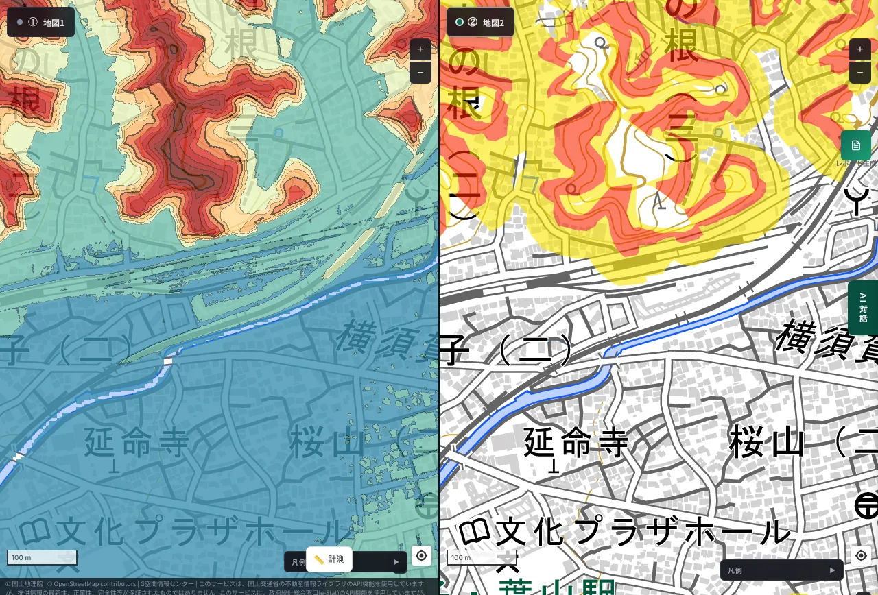 MAPRISE split view of the area north of Zushi Station, Kanagawa. On the left, the colored contour map shows a red mountain rising from a blue lowland. On the right, yellow and red bands trace the edge of the mountain in waves