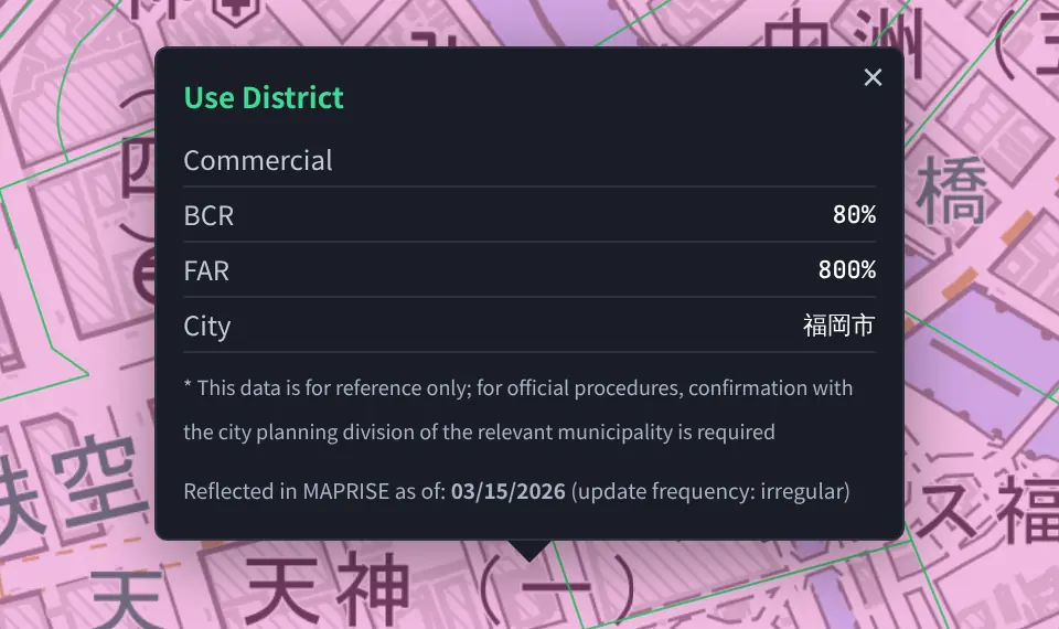 A map click with all four display items OFF: at the same spot, the zoning details (commercial, building coverage, floor-area ratio, municipality Fukuoka) open directly with no menu.