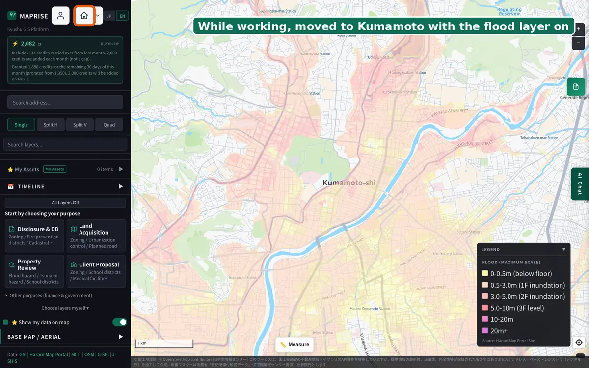 Mid-task: the map has moved to central Kumamoto with flood projections on. The house icon at the top left is outlined.