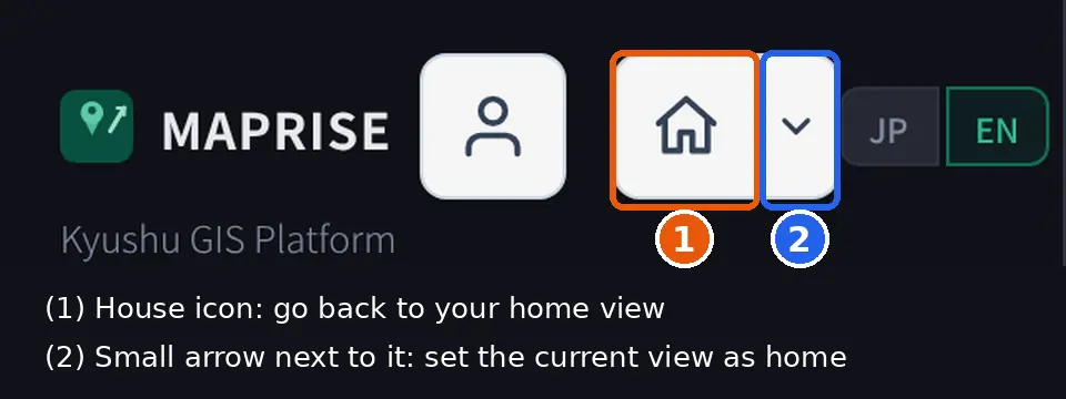 Close-up of the top left: next to the person icon are ① the house icon (back to home view) and ② a small arrow (set the current view as home view).