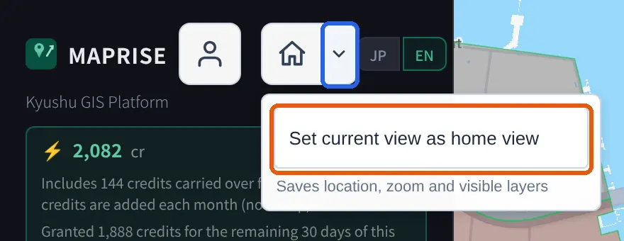The ▾ next to the house icon opened: a "Set current view as home view" button with the note "Saves location, zoom and visible layers".