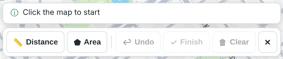 The measure toolbar with "Distance" and "Area" buttons, "Undo", "Finish" and "Clear", and the hint "Click the map to start".