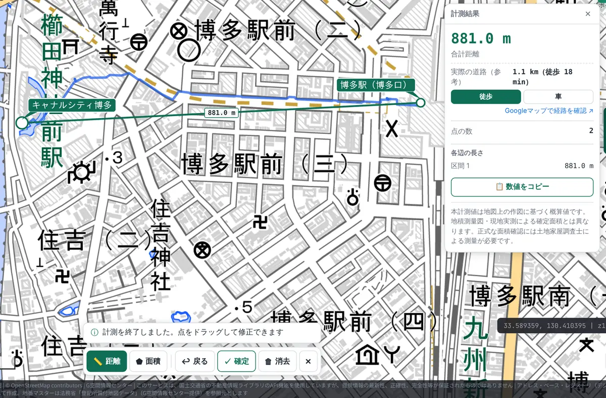 距離の計測画面。博多駅（博多口）からキャナルシティ博多までの2点を結ぶ緑の直線と、道路に沿った青い徒歩ルートが描かれ、計測結果パネルに合計距離881.0m、実際の道路（参考）1.1km（徒歩18分）、徒歩・車の切り替えボタン、Googleマップで経路を確認するリンクが表示されている。両端の施設名は説明のための吹き出し。