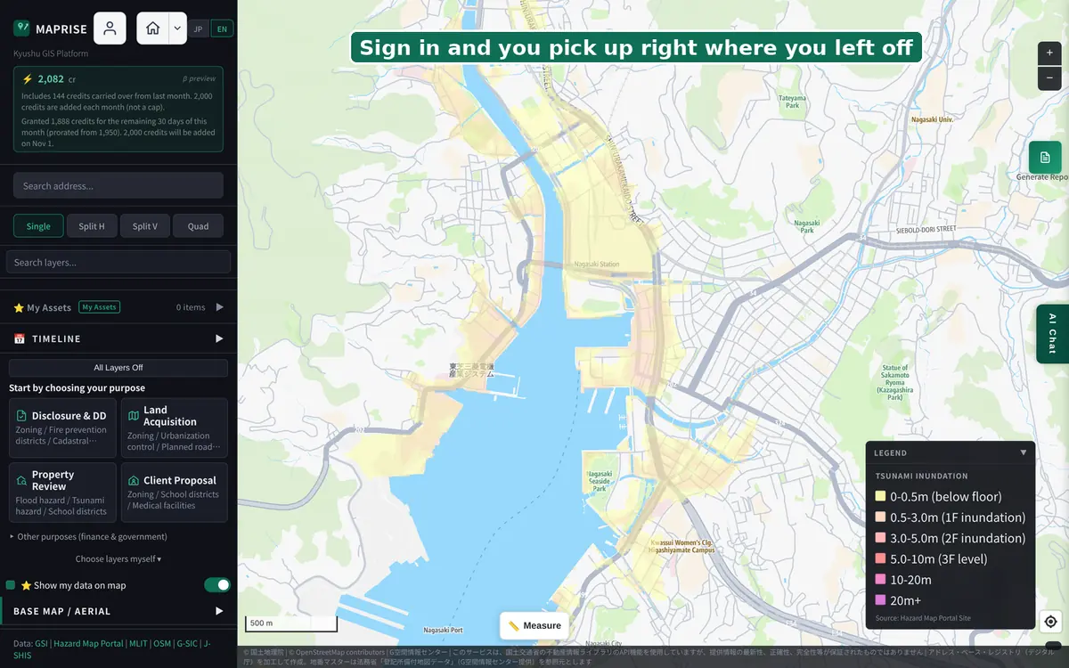 After signing in: the map opens at Nagasaki Station with tsunami projections at zoom 14, just as before.