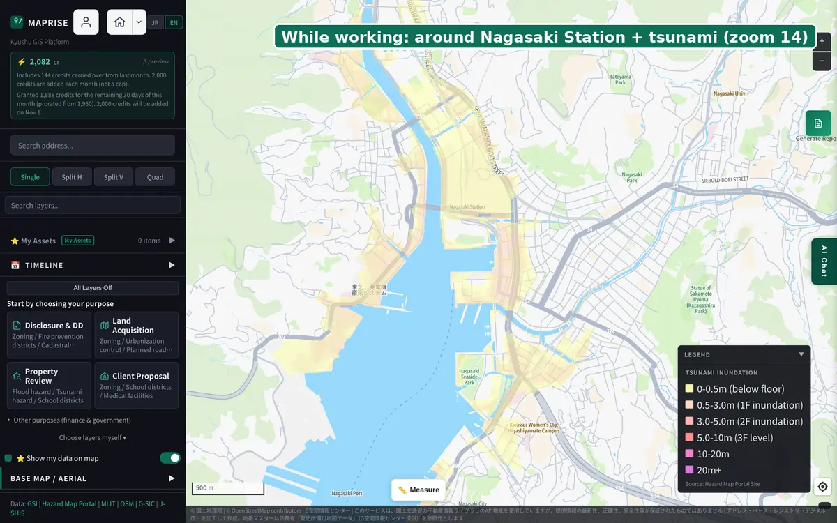 Mid-task: tsunami projections around Nagasaki Station at zoom 14.