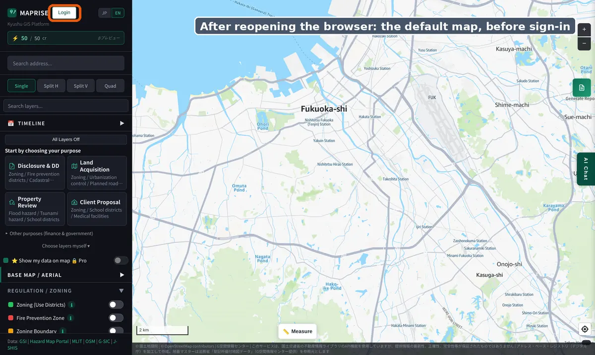 Right after reopening the browser, before signing in: the default map around Fukuoka City is shown and the "Login" button at the top left is outlined.