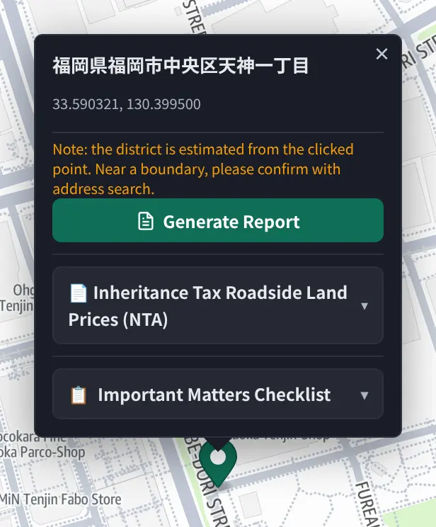 The popup after clicking the map: the address Tenjin 1-chome, Chuo Ward, Fukuoka with coordinates, a note that the block is estimated from the click point, a "Generate report" button, and the roadside price and checklist rows.