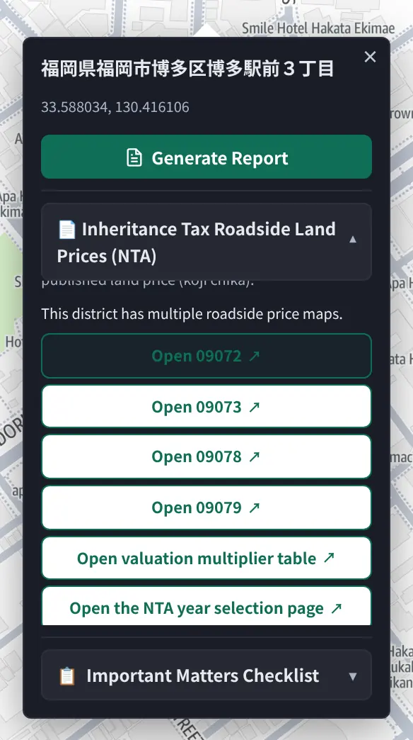 The opened roadside price section: a note on the year and "This block has several roadside price maps", followed by "Open 09072", "Open 09073", "Open 09078" and "Open 09079" buttons, the valuation multiplier table and the NTA year-selection page.