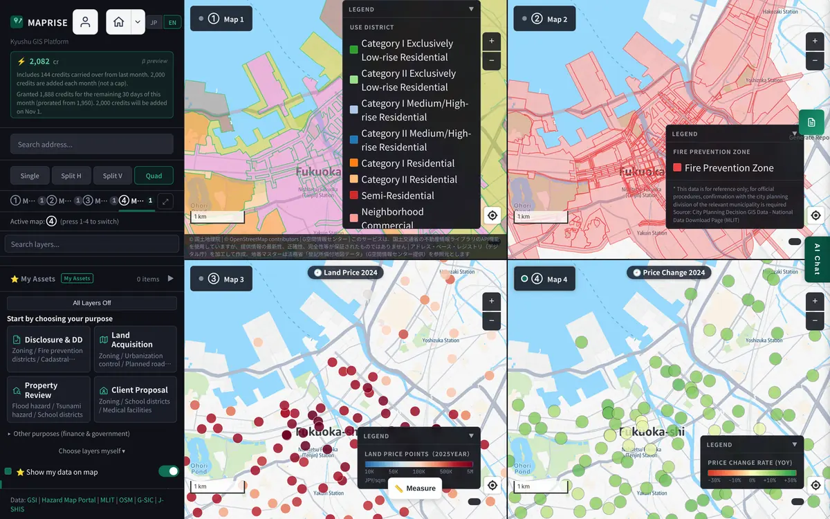 MAPRISE four-panel split screen showing zoning, fire-prevention districts, official land prices, and land-price change simultaneously.
