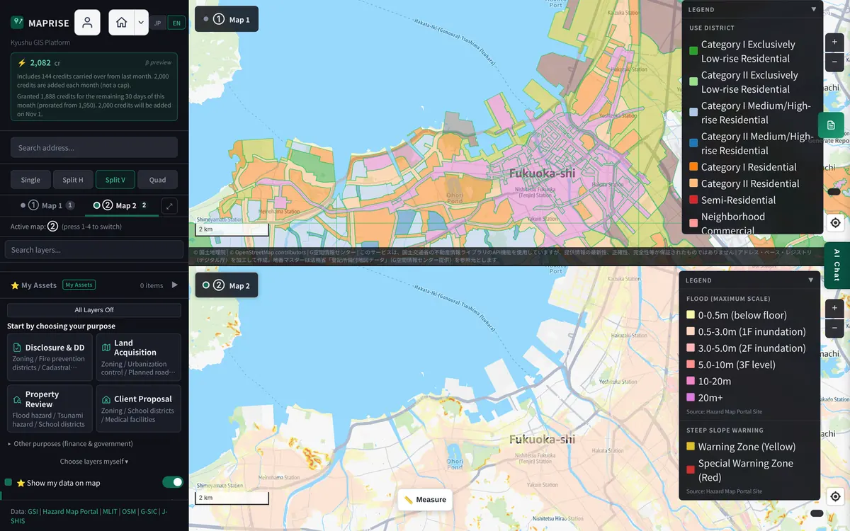 Top-bottom split around Fukuoka: zoning on the top map, flood projections and steep-slope warning zones on the bottom map.