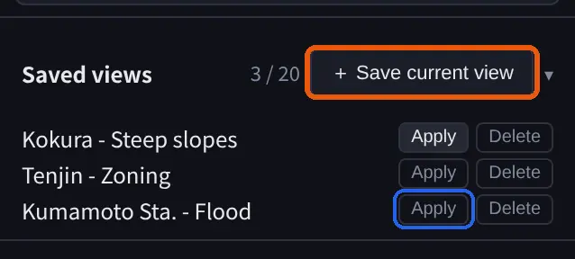 The Saved views list showing "3 / 20" and three entries — Kokura - Steep slopes, Tenjin - Zoning, Kumamoto Sta. - Flood — each with "Apply" and "Delete".