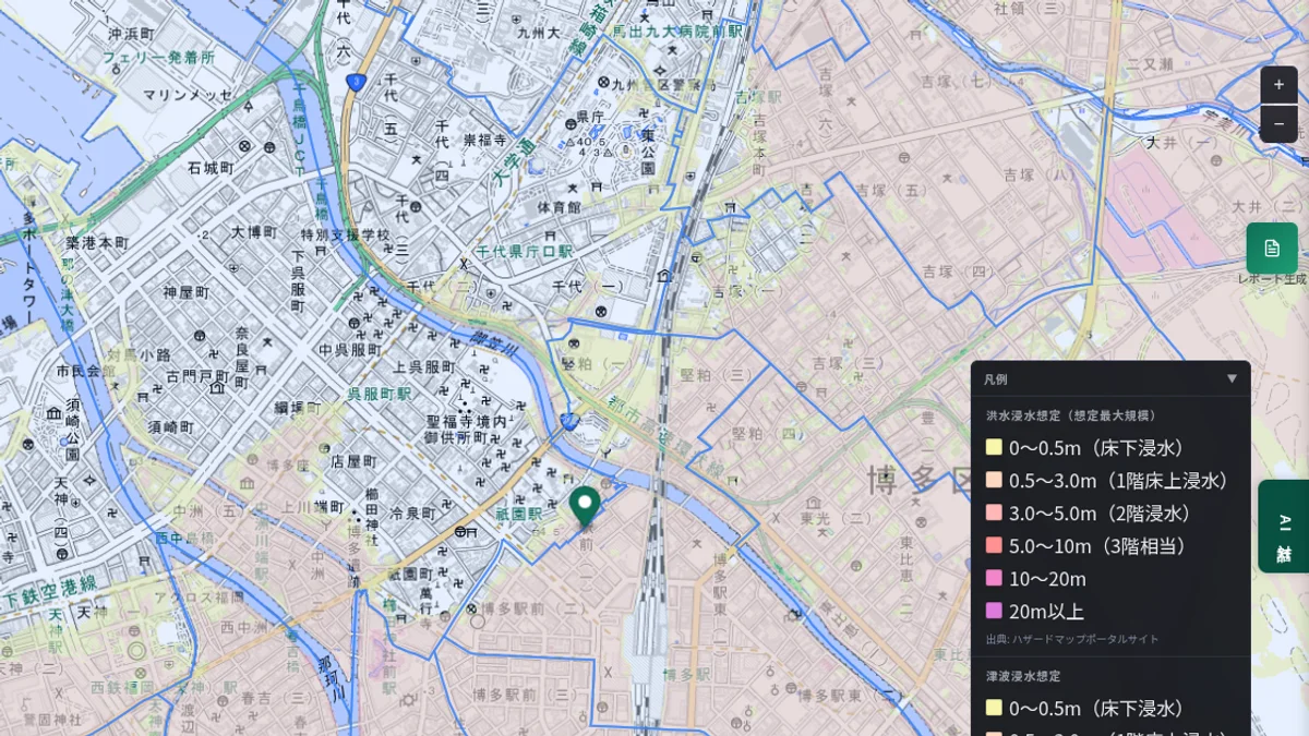 A real screen around Hakata Station with flood and tsunami inundation and school districts overlaid, and a legend showing depths.